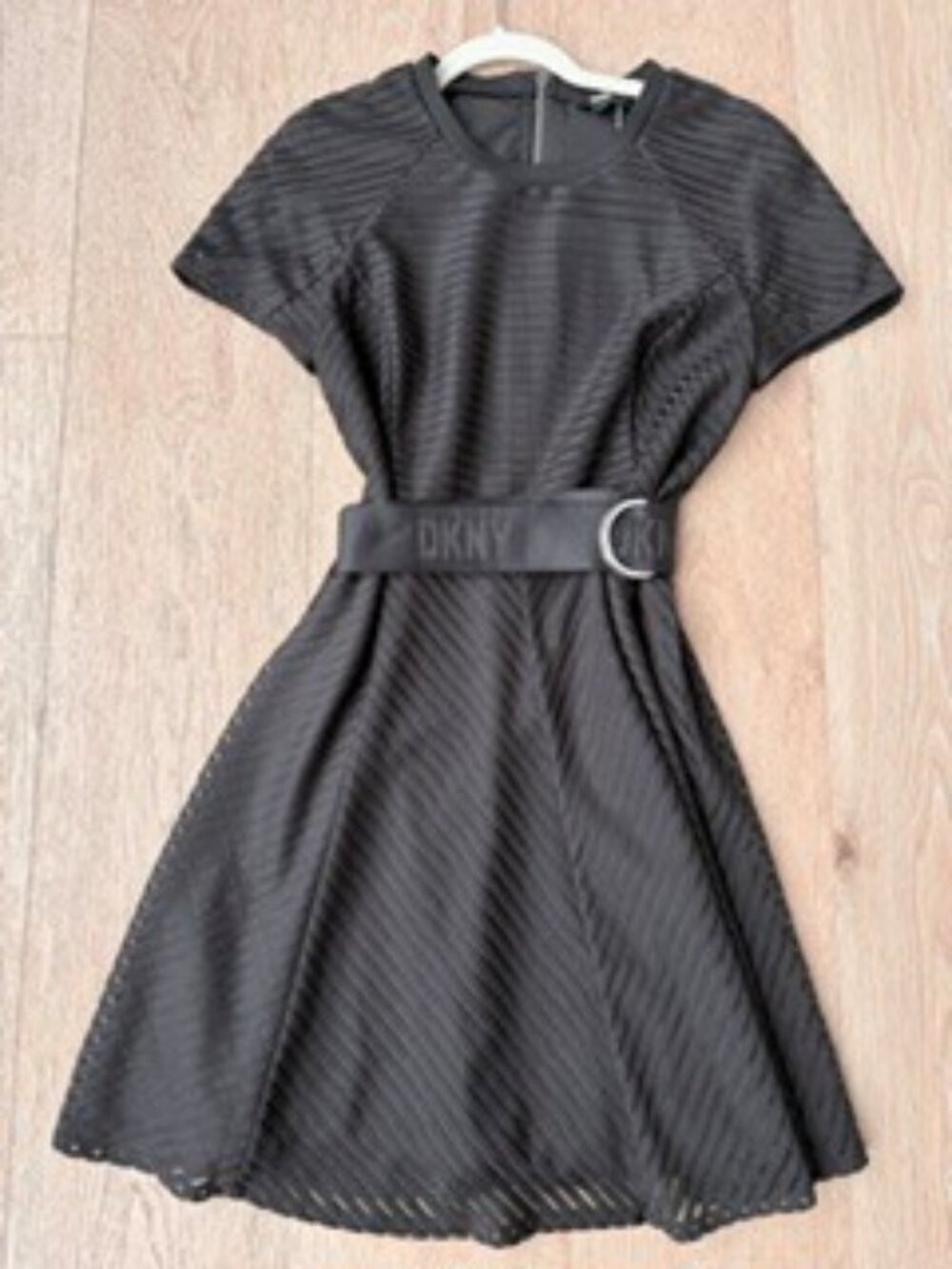 DKNY Black Textured Stripe Fit and Flare Dress with Logo Belt, Medium